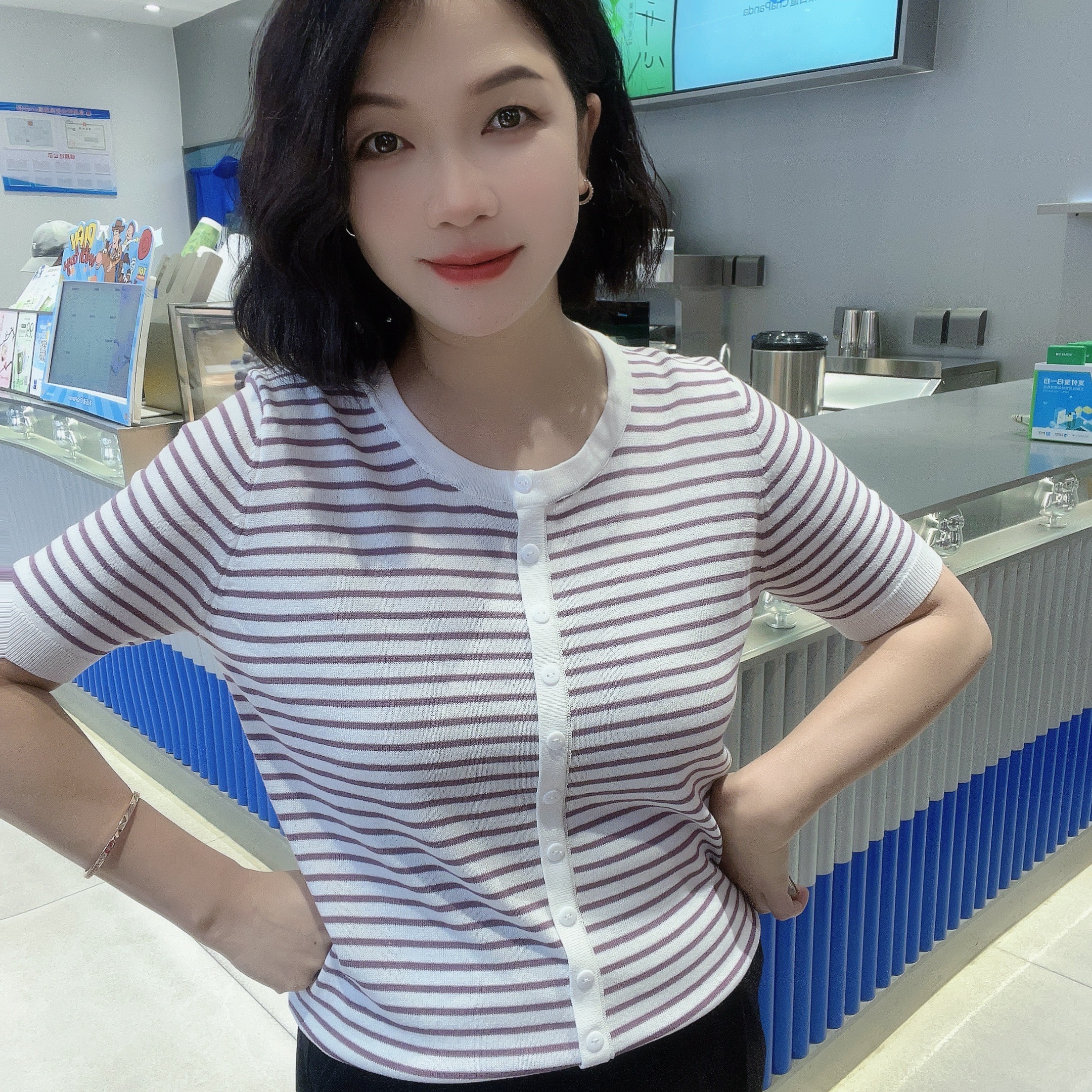 5206夏季新款短袖薄款【大米家上衣】条纹圆领假开衫超文艺的哦
