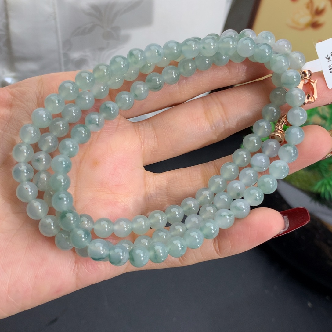 翡翠未镶嵌手串卡6冰胶蓝晴飘花项链
