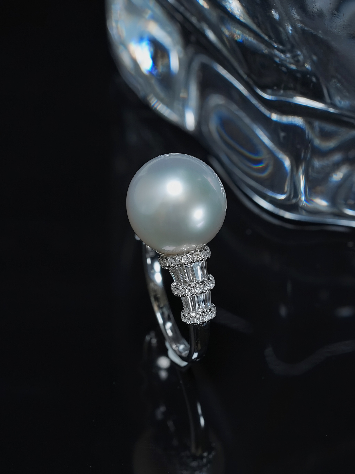 美珍真 18K金镶嵌钻石 澳白珍珠戒指 海水珍珠 13.1mm 