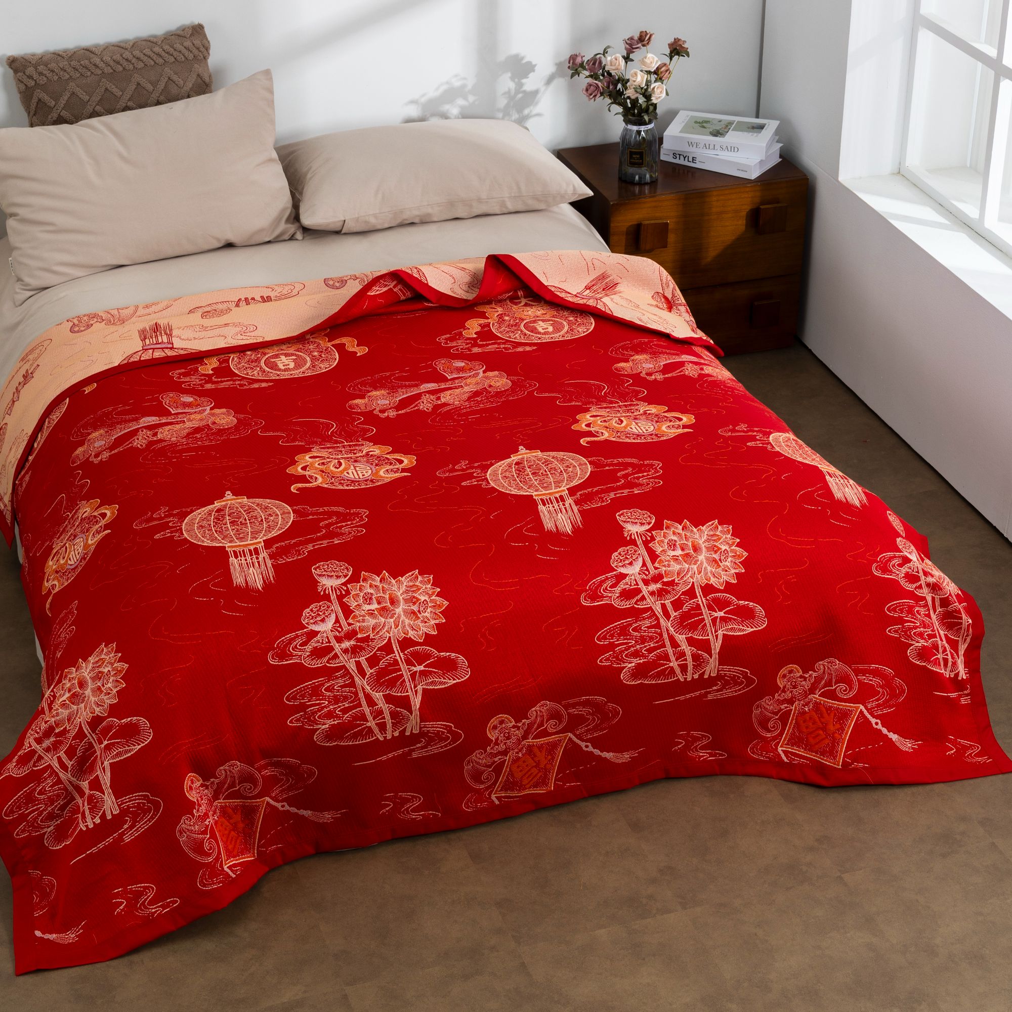 【莲灯纳福】轻奢汉麻纱布棉麻盖毯四季毯{200cm*230cm}