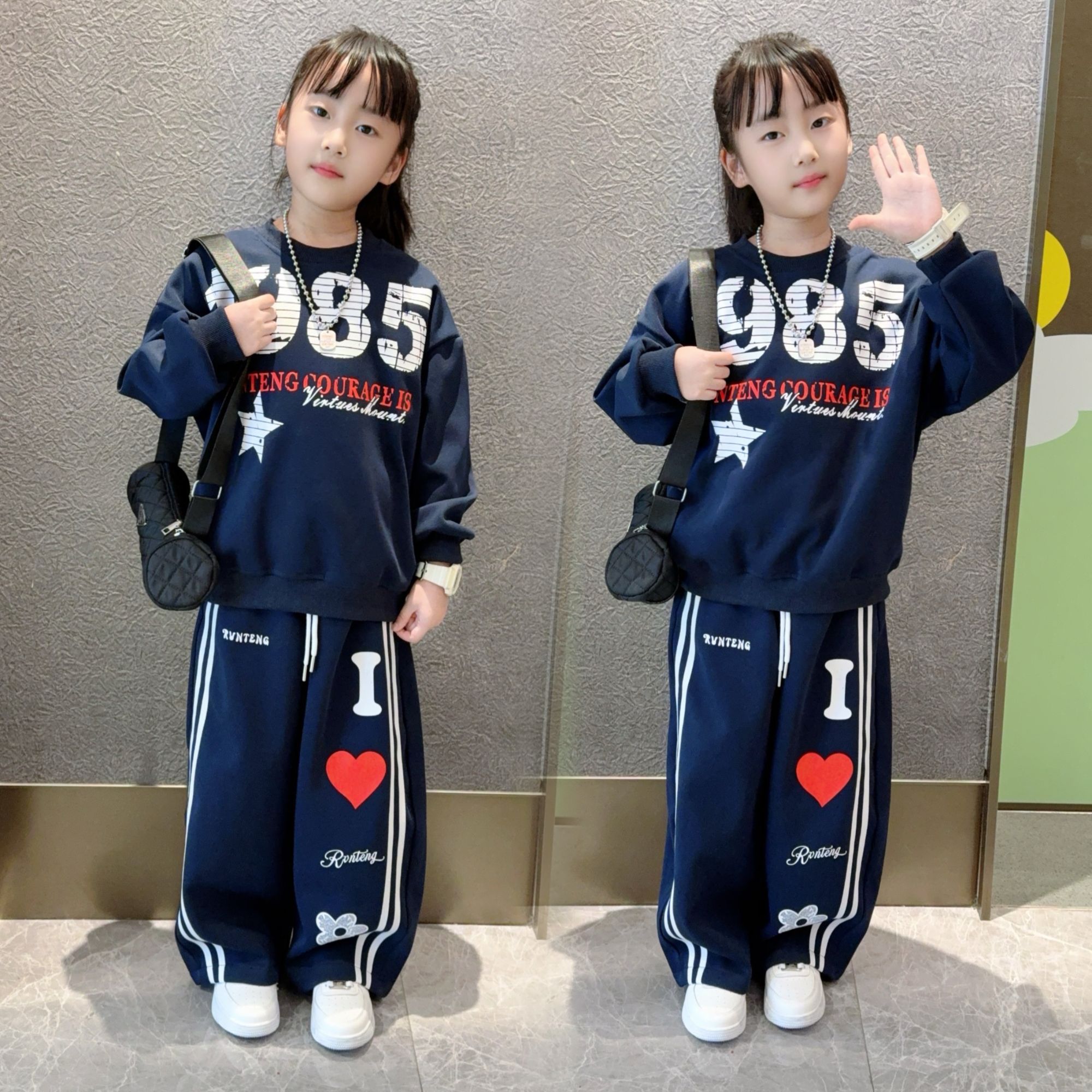秋季新款女童复古卫衣阔腿裤套装120-170