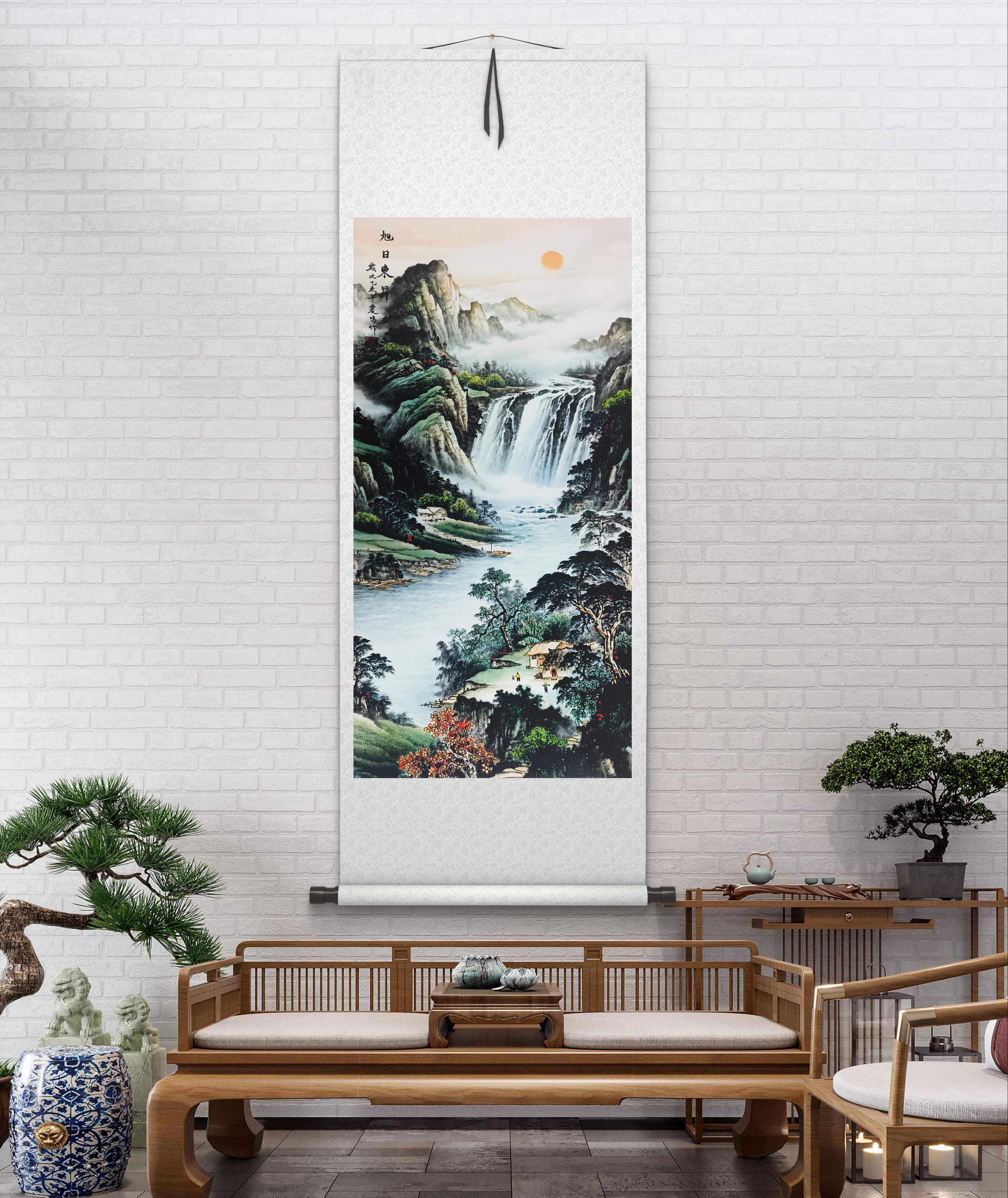 《旭日东升》玄关聚财挂画山水风景艺术装饰画竖50*150客厅高级感