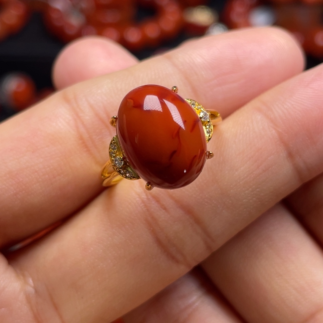 南红玛瑙珠宝奇石银S925镶嵌戒指