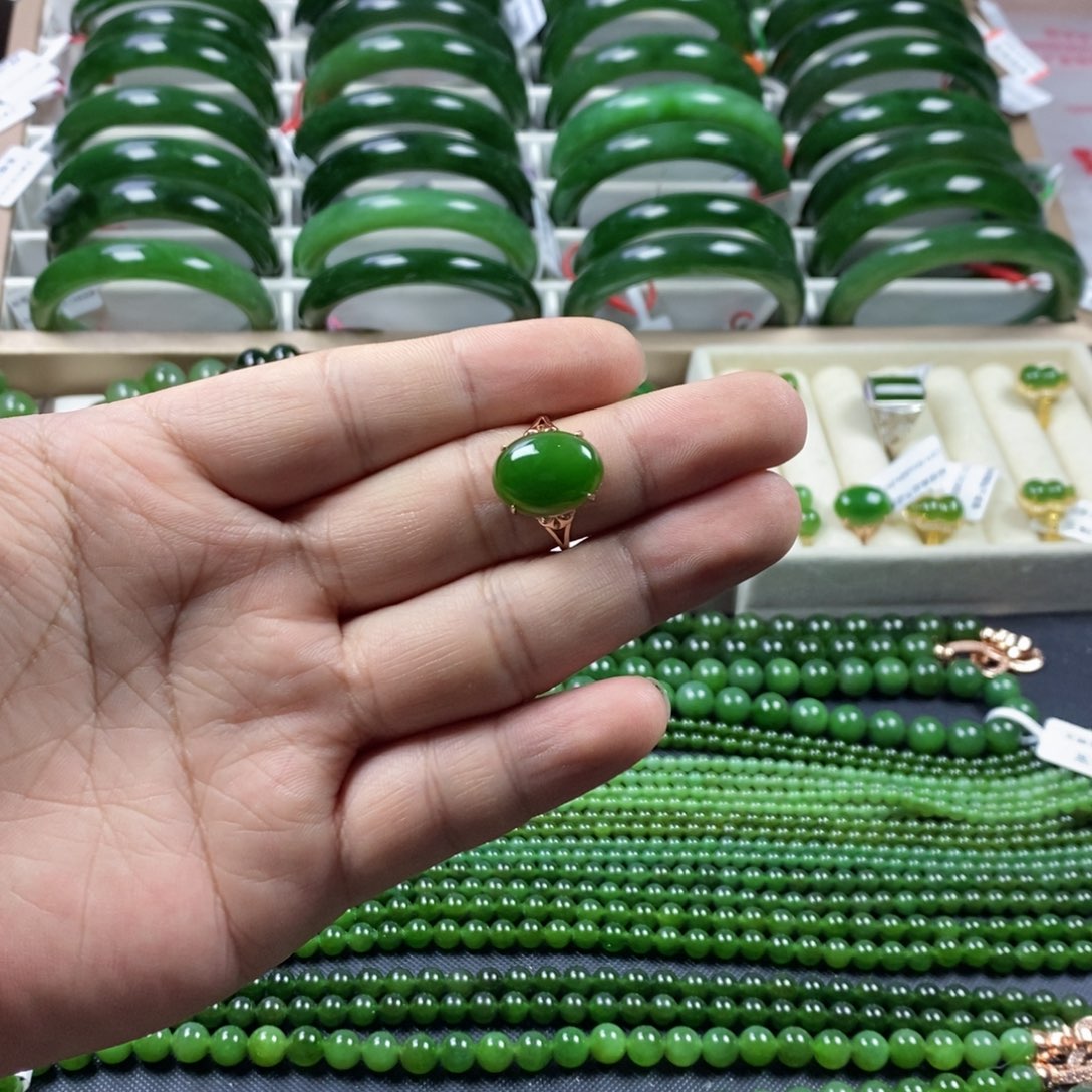 和田玉（碧玉）戒指银S925镶嵌桃**串