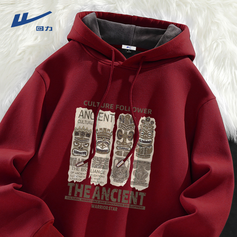 回力加绒卫衣男冬季新款男士连帽圣诞节青少年加厚圆领长袖上衣女