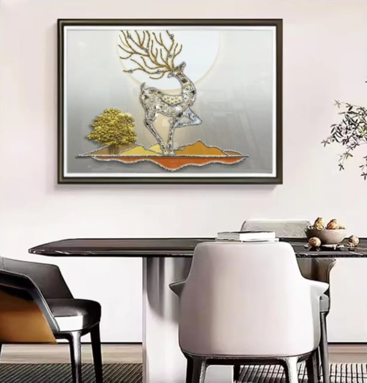 LJ024麋鹿时尚餐厅客厅轻奢卧室挂画钢化玻璃装裱实物画