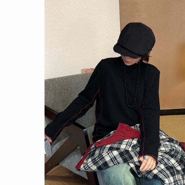 HY罗罗【线条镶嵌】秋冬线条拼接磨毛加厚打底衫休闲设计师款时尚