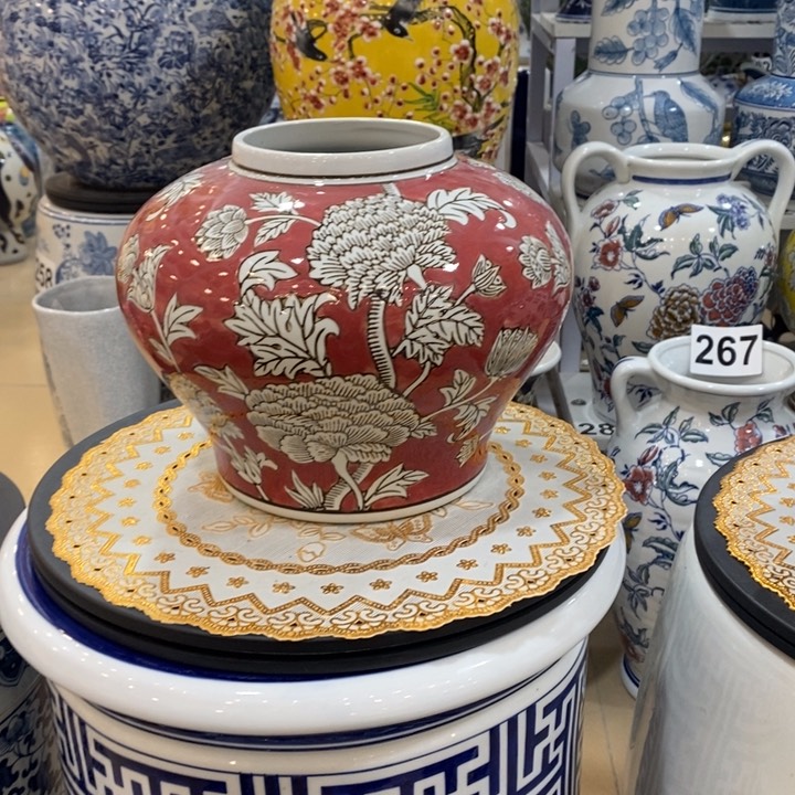 【闪购商品】摆件南*手绘红色大肚花瓶。。。