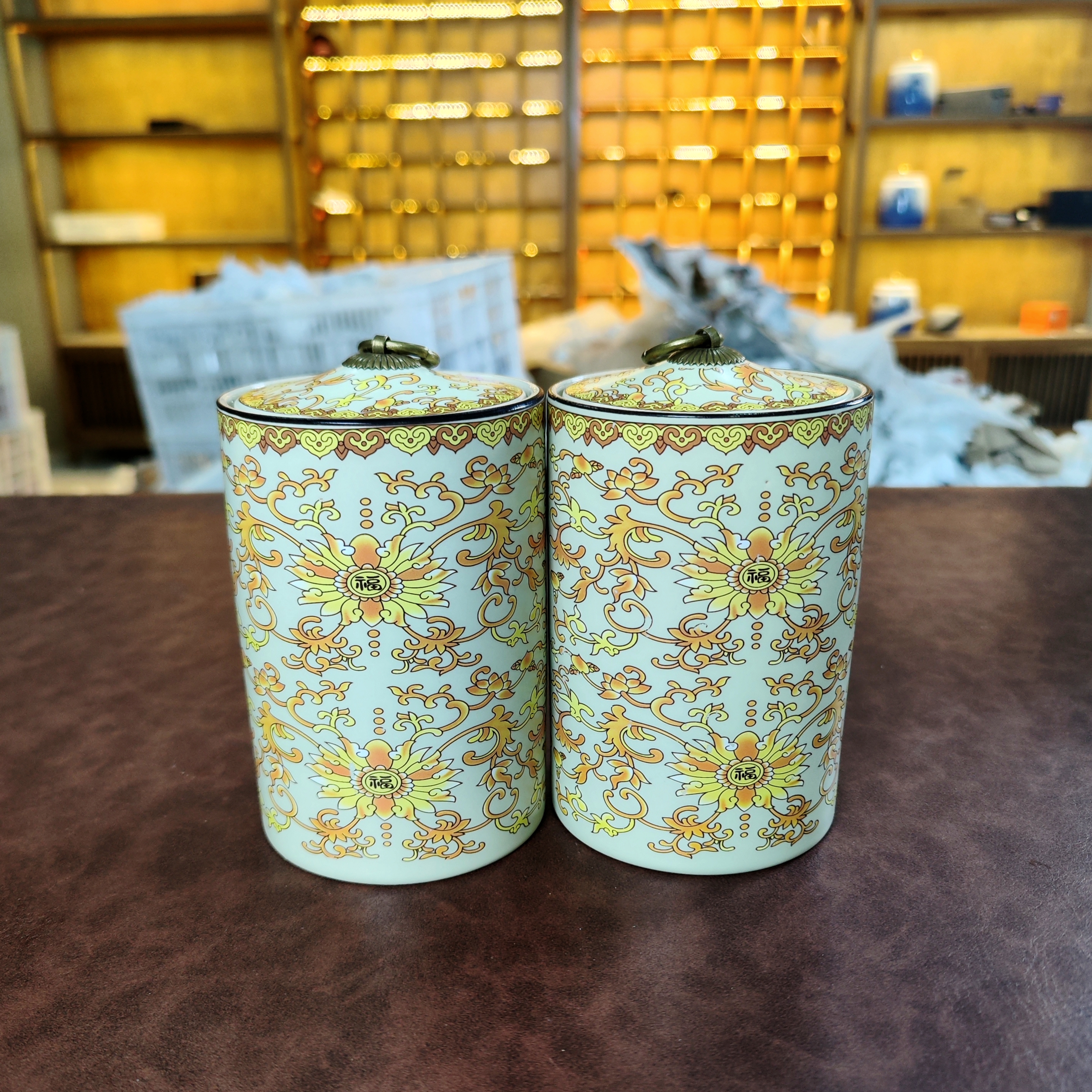 【闪购商品】黄汝珐琅彩福寿花直筒茶叶罐两只装一对