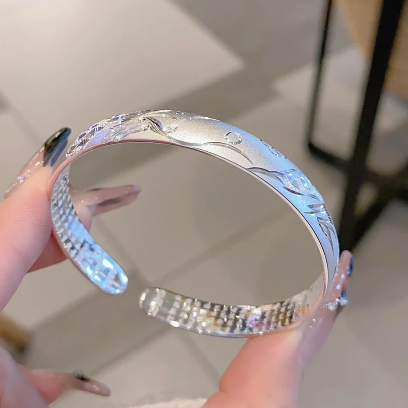 足银手镯 足银磨砂龙凤呈祥开口心经手镯 实心 妈妈款