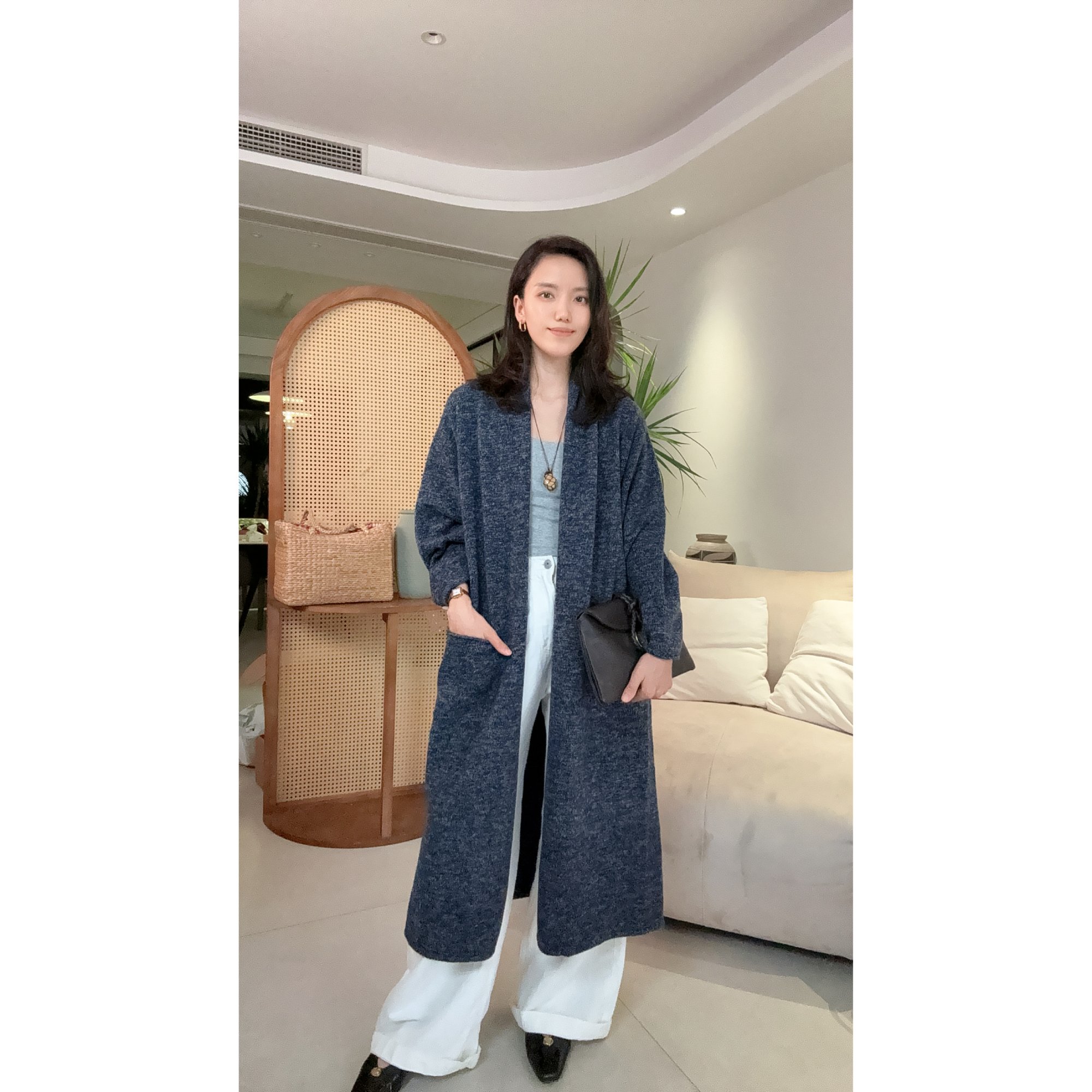 秋冬纯羊毛针织开衫女中长款宽松慵懒风过膝外搭毛衣外套披肩上衣