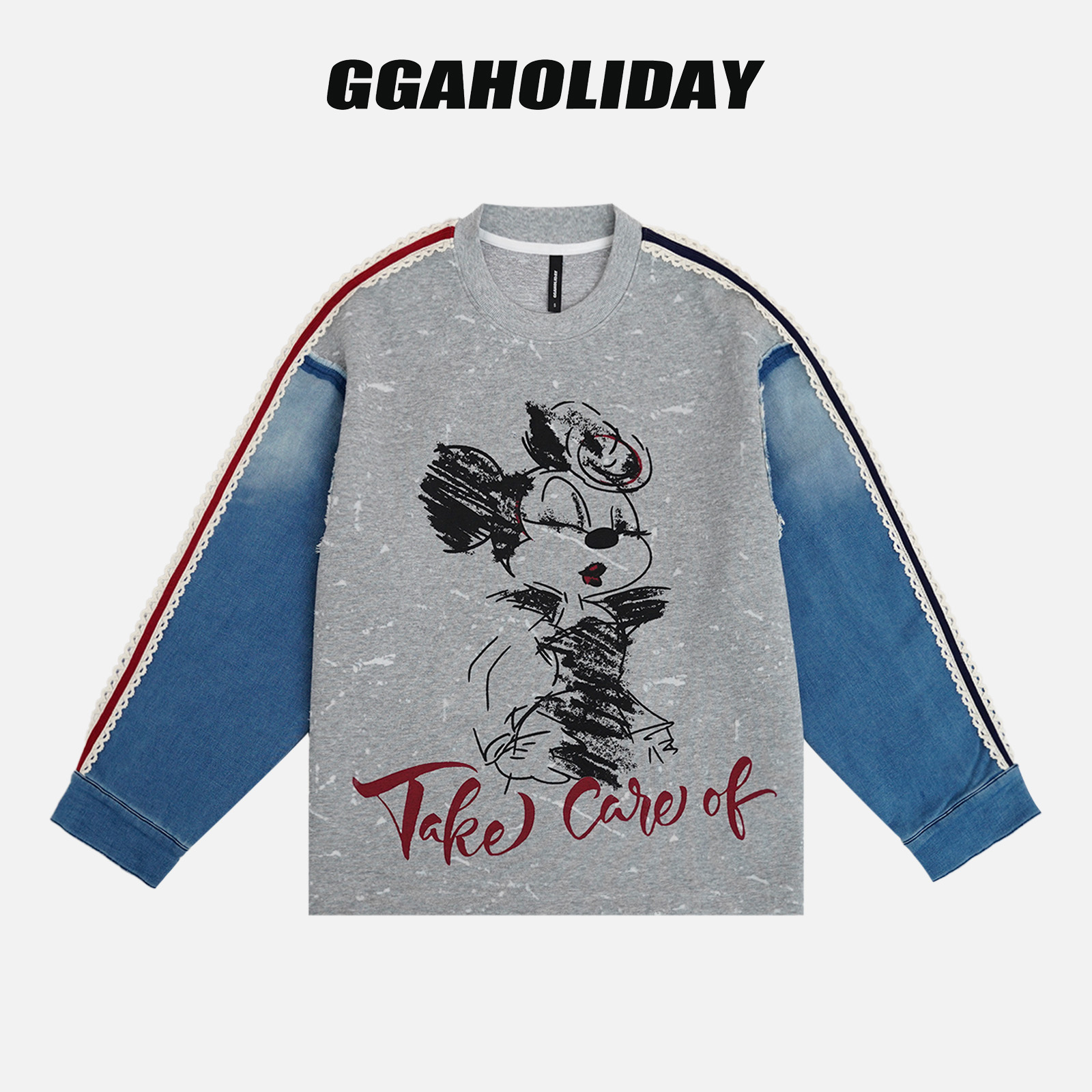 【上新】GGAHOLIDAY潮流复古时尚休闲拼接撞色印花长袖T恤-154226