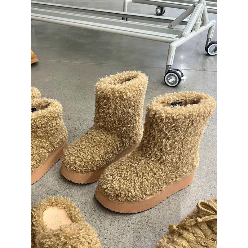 十字花雪地靴厚羊羔卷毛毛鞋女冬新款保暖棉靴加绒短靴子