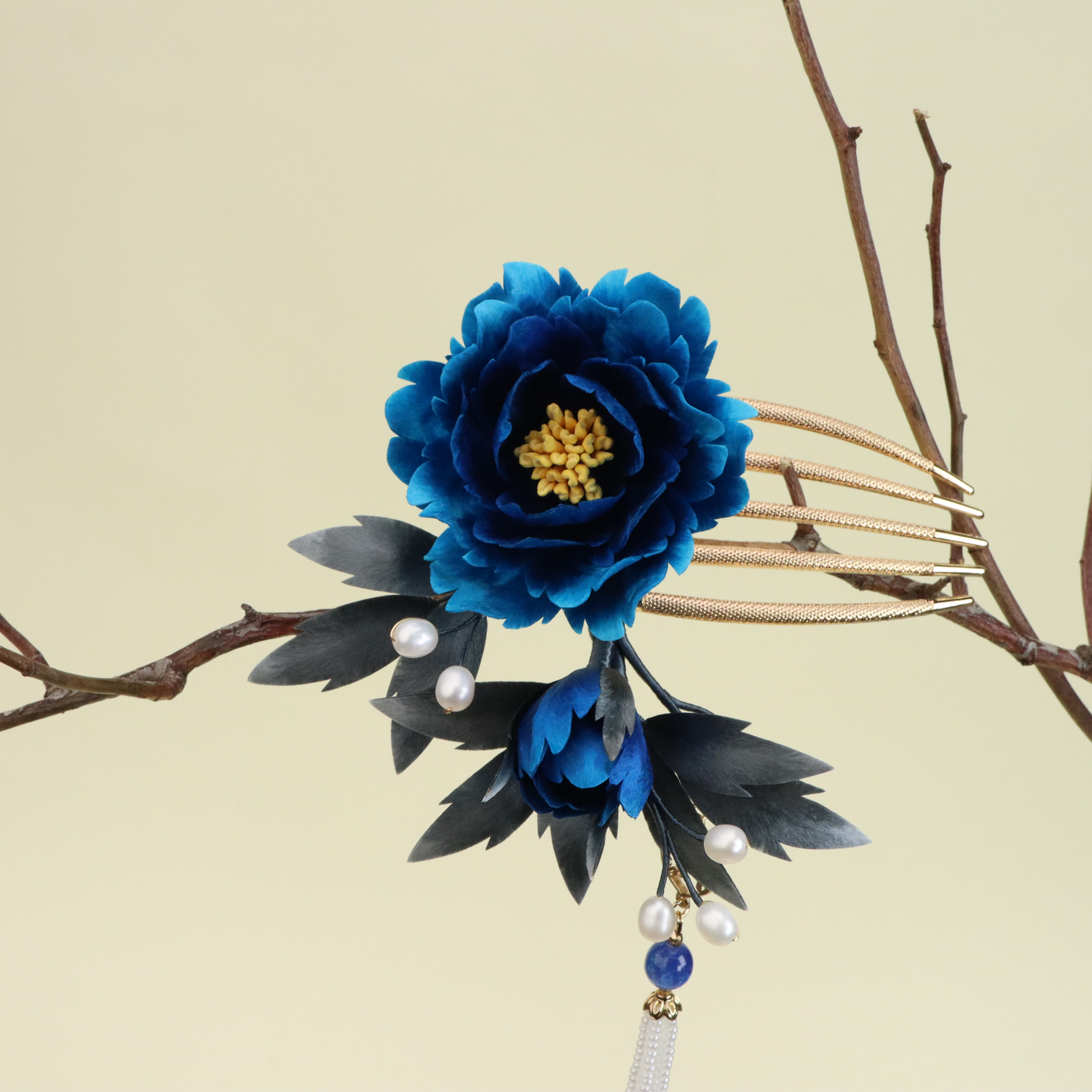 【牡丹】非遗绒花纯手工蓝牡丹发梳（使用后不可退换）