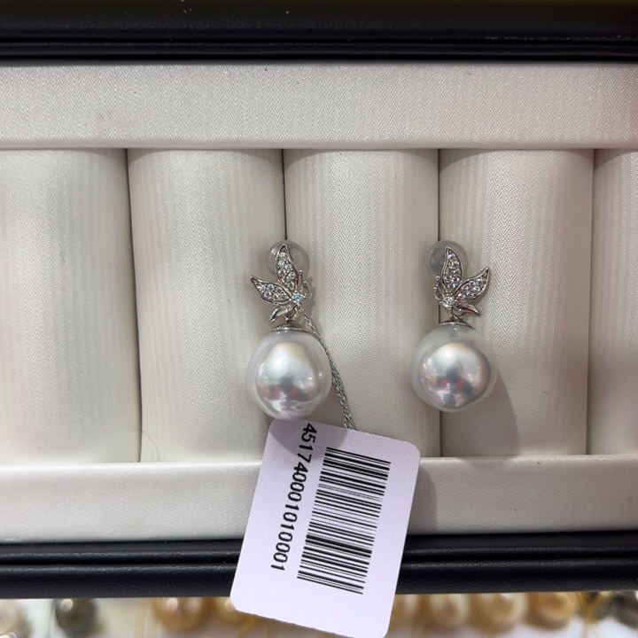 海水珍珠上新澳白蝴蝶耳钉11-12mm银S925镶嵌