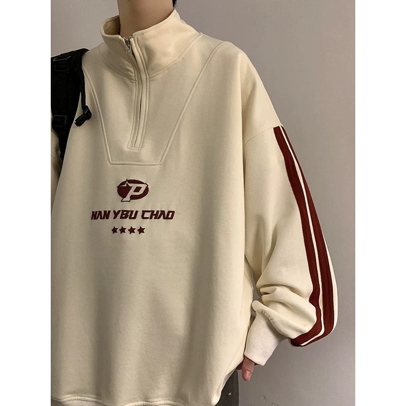【W156】美式潮流男女同款字母印花半拉链套头休闲卫衣