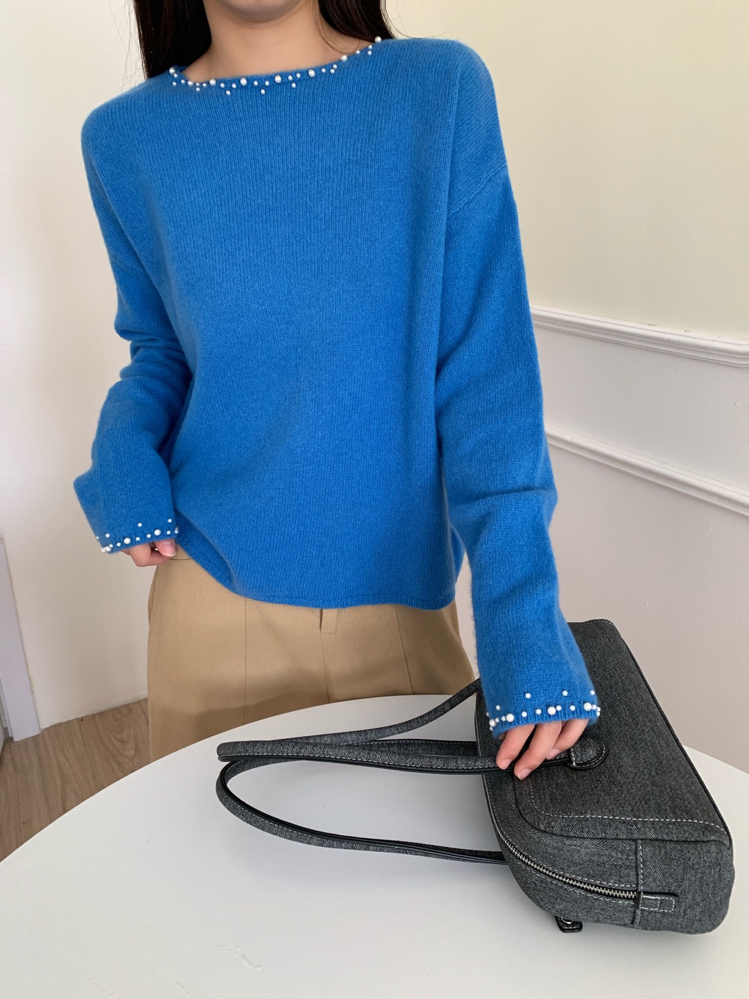 针织女纯羊毛珍针织衫打底衫圆领套头时尚