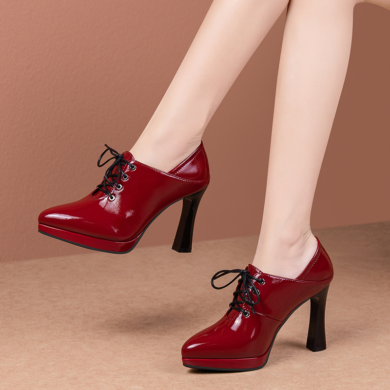 气质尖头红色系带深口单鞋通勤时尚粗跟高跟鞋百搭性感真皮女鞋