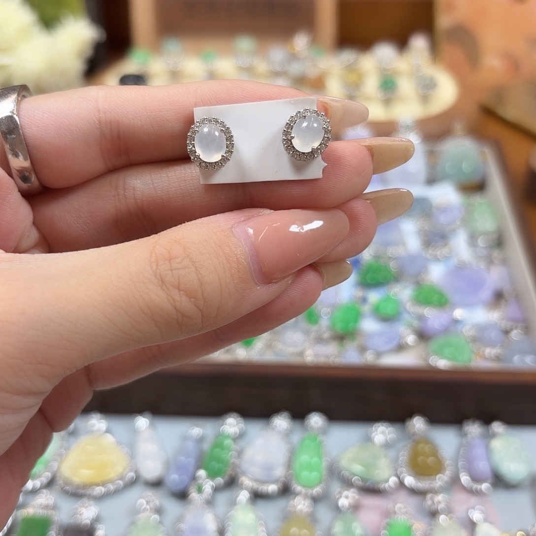 翡翠银S925镶嵌耳钉