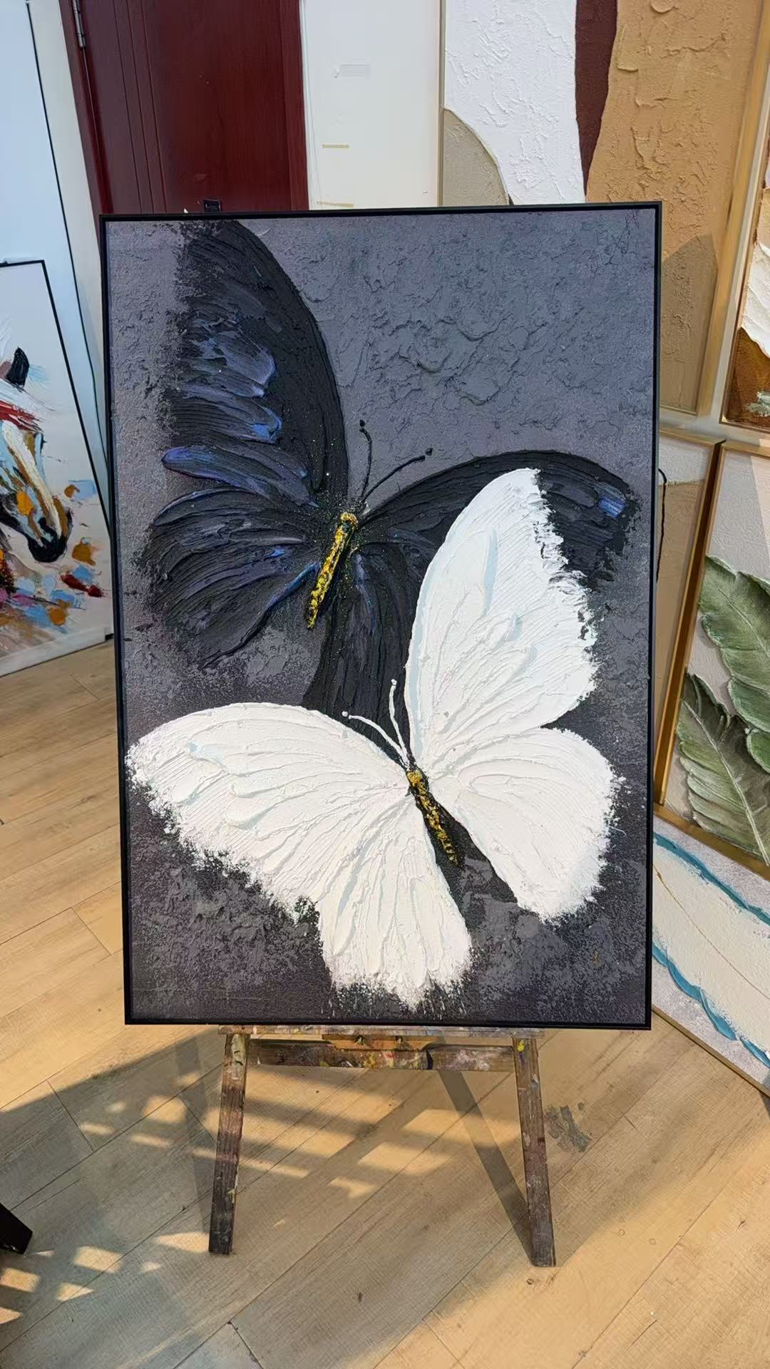 ins风黑白蝴蝶肌理油画高级感沙发背景卧室客厅挂画80120