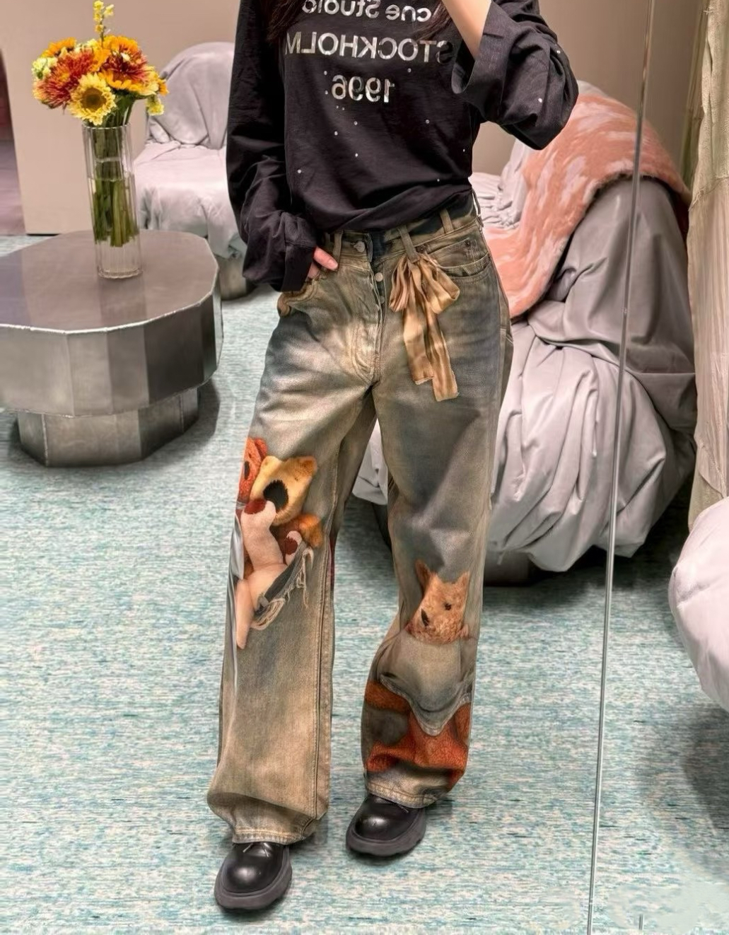 25SS 新GE 俺是小熊 蓝光高清泰迪熊打印裤1996 南油版本美式时尚