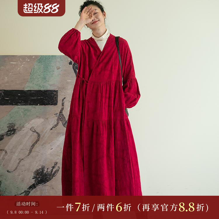 牧衣游原创提花亚棉麻混纺连衣裙新款禅意系带宽松袍子 隽如初