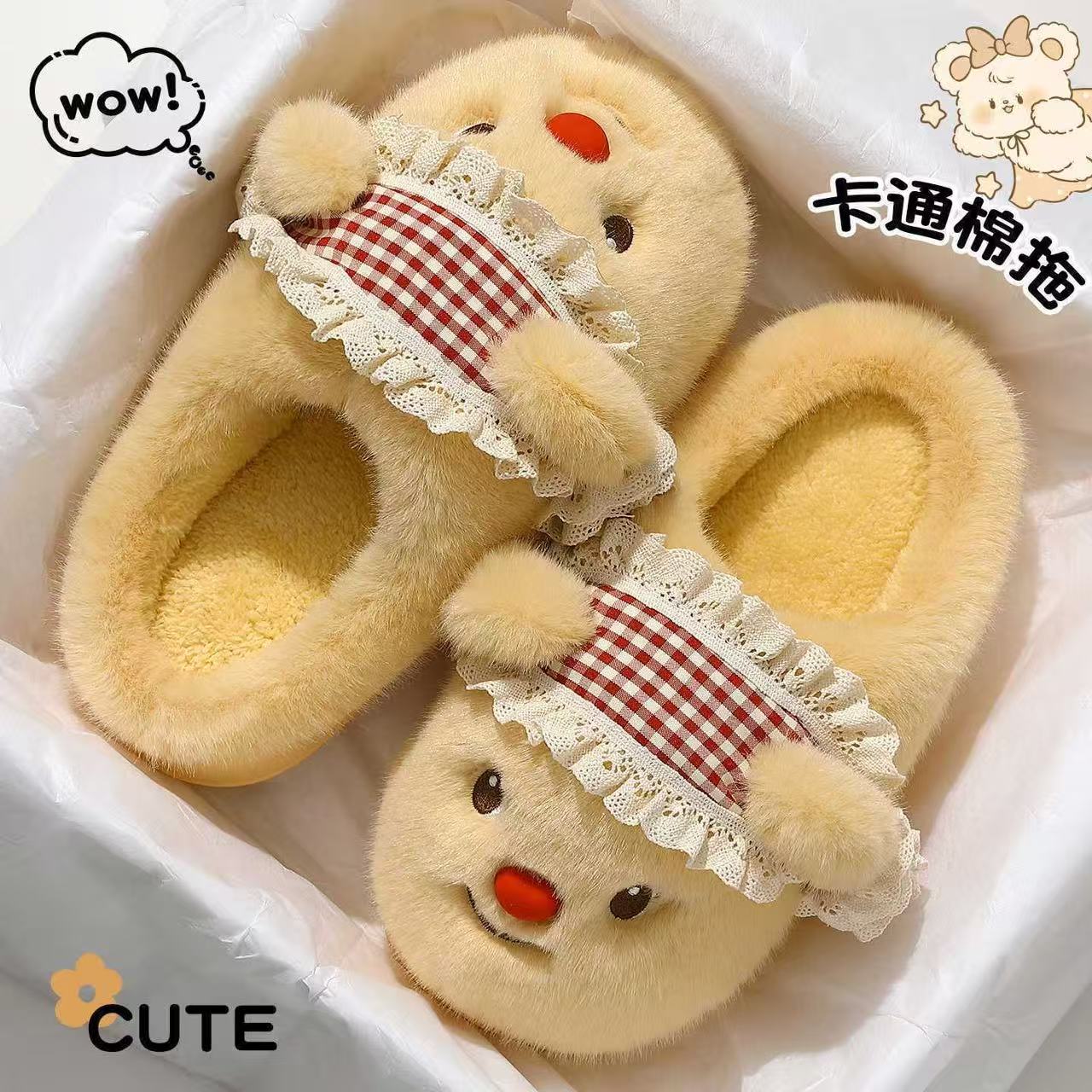 小熊棉拖鞋女款2025秋冬季室内家居家可爱加厚加绒毛保暖鞋包头拖