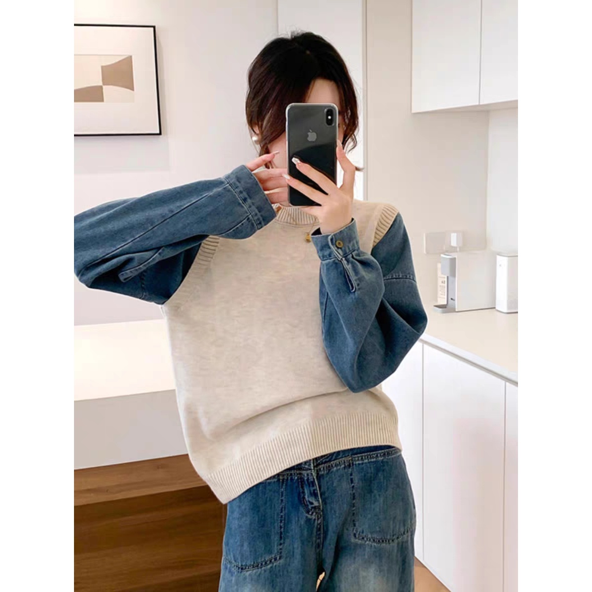 秋季新款牛仔拼接设计感假两件通勤百搭圆领套头上衣82276#0.1