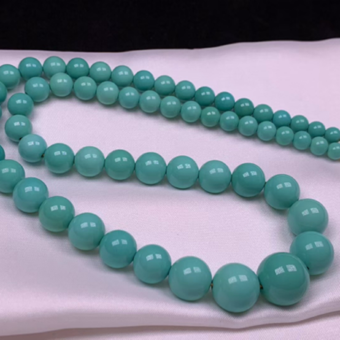 湖北天然原矿绿松石原矿高瓷圆珠项链塔链18k金扣头料质细腻温润 