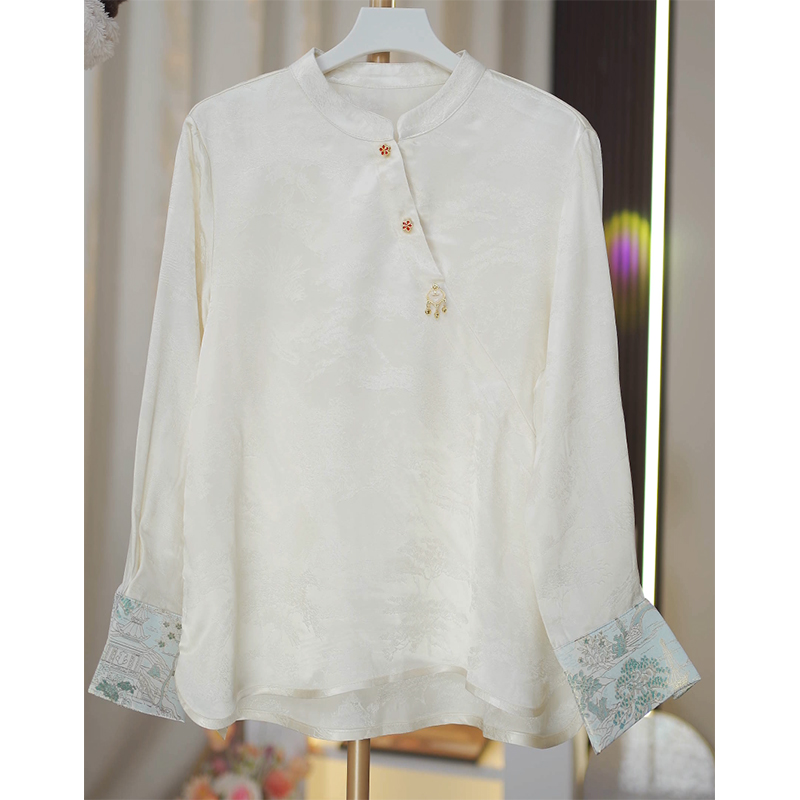 梁祝--重缎双面古法手工刻花显瘦拼接宋锦女打底上衣衬衫