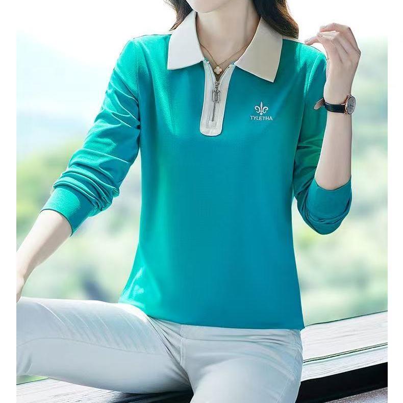 POLO领藏肉中年妈妈简约T恤长袖打底衫拉链显瘦秋装623816