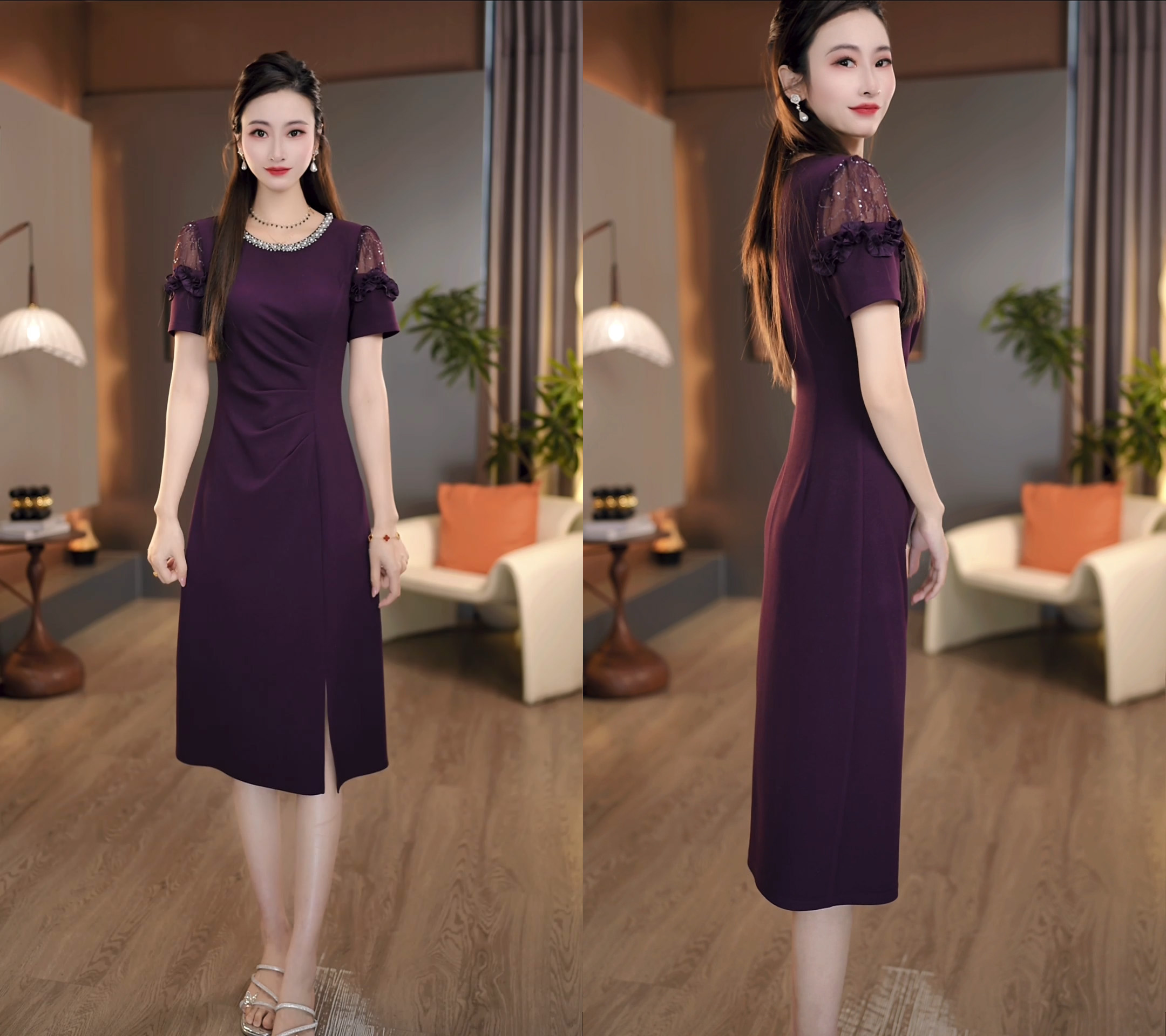 2025夏季新款紫色名媛范肩部蕾丝镂空经典礼服连衣裙M-4XL
