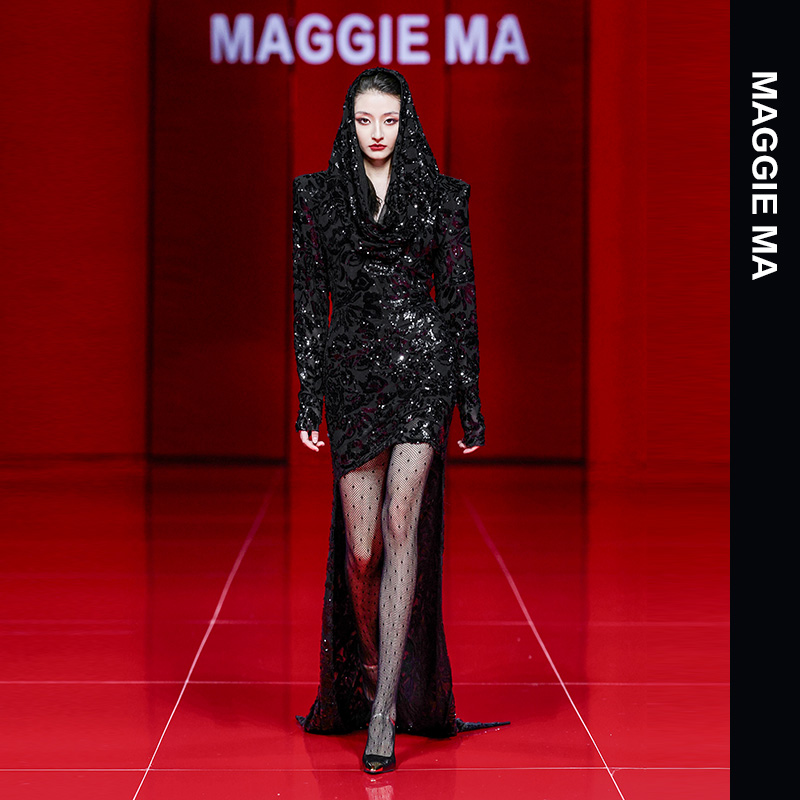 MAGGIE MA马婧设计师款精致亮片波光粼粼连帽女神范连衣裙049D