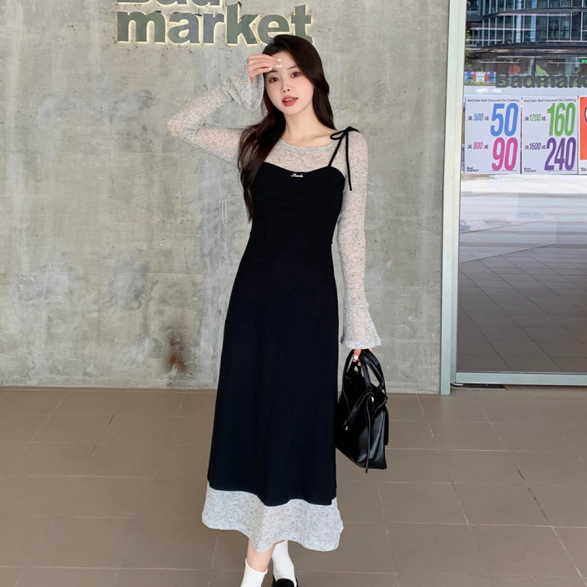 大码女装2025胖mm秋季新款法式假两件修身喇叭袖连衣裙