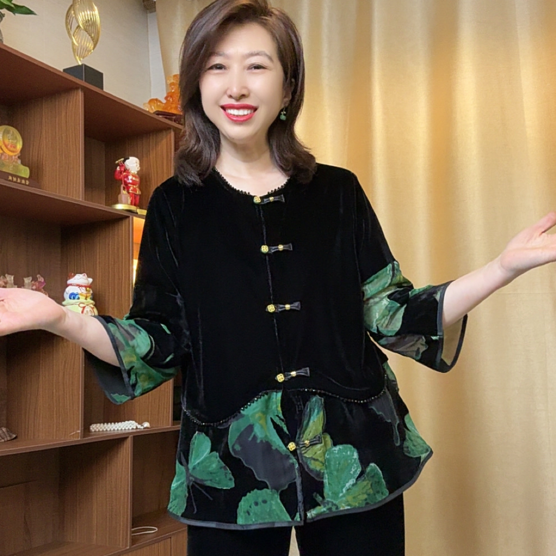 原创轻奢丝绒1439重工串珠气质镂空花春夏开衫显瘦上衣大脚裤套装