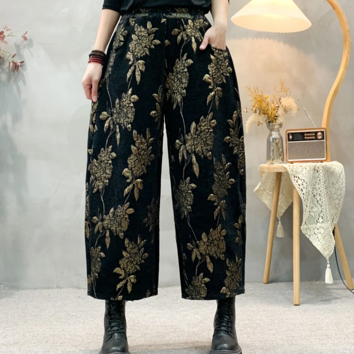 2025早春复古九分裤提花刺绣花色花苞裤
