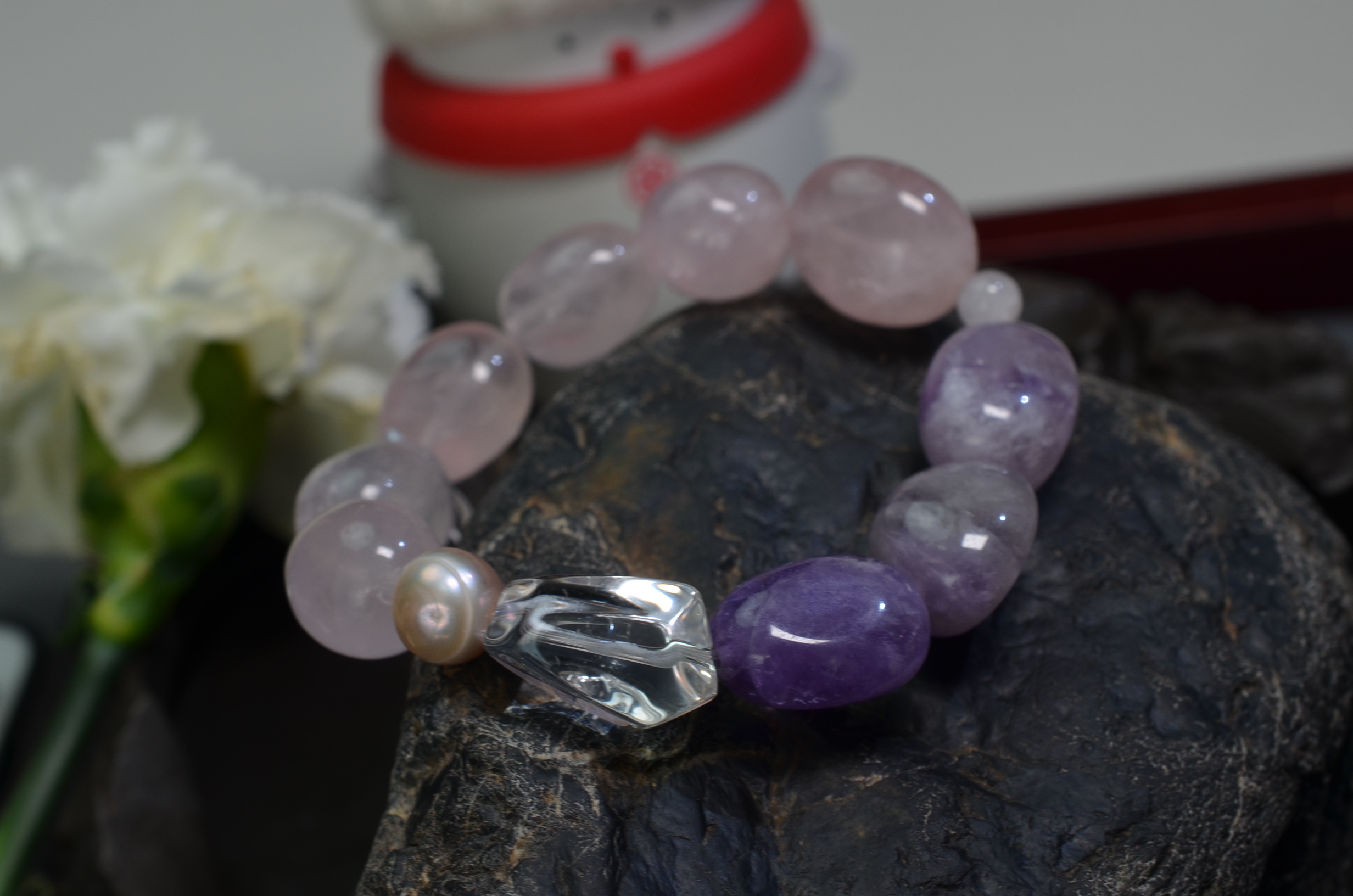 63【九紫离火】天然星光粉水晶手链 白/紫水晶珍珠手串 约15*19MM