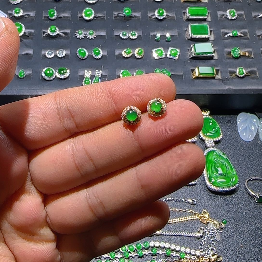 翡翠银S925镀金镶嵌耳饰