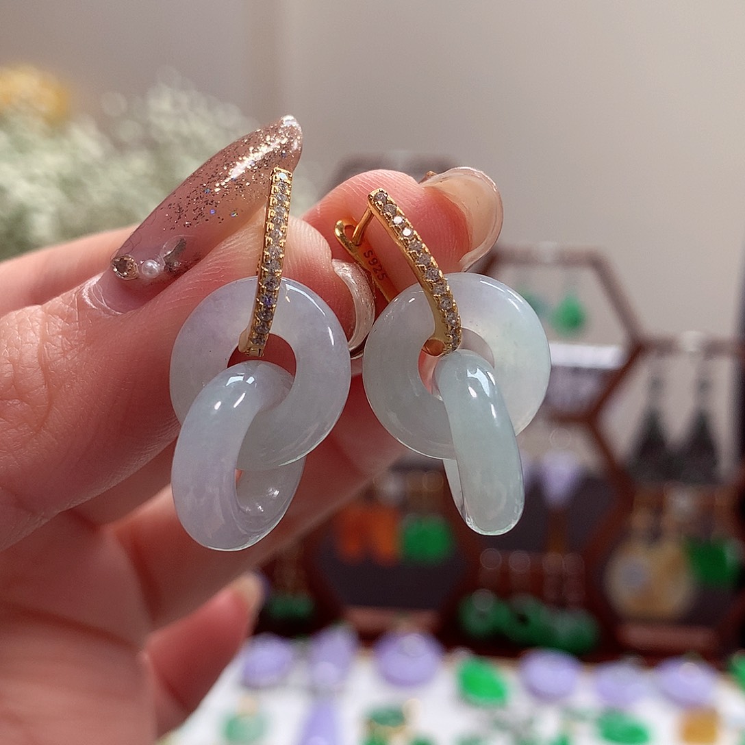 翡翠耳饰银S925镶嵌天然翡翠