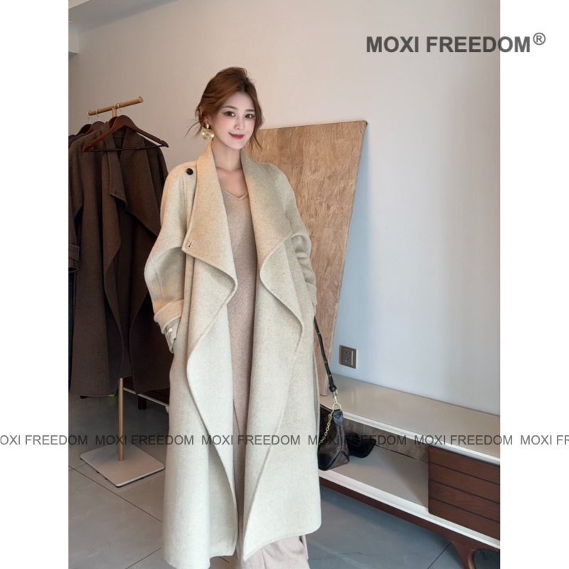 【盐风棱语】高品质秋冬新款气质休闲腰带中长款双面羊毛大衣外套女