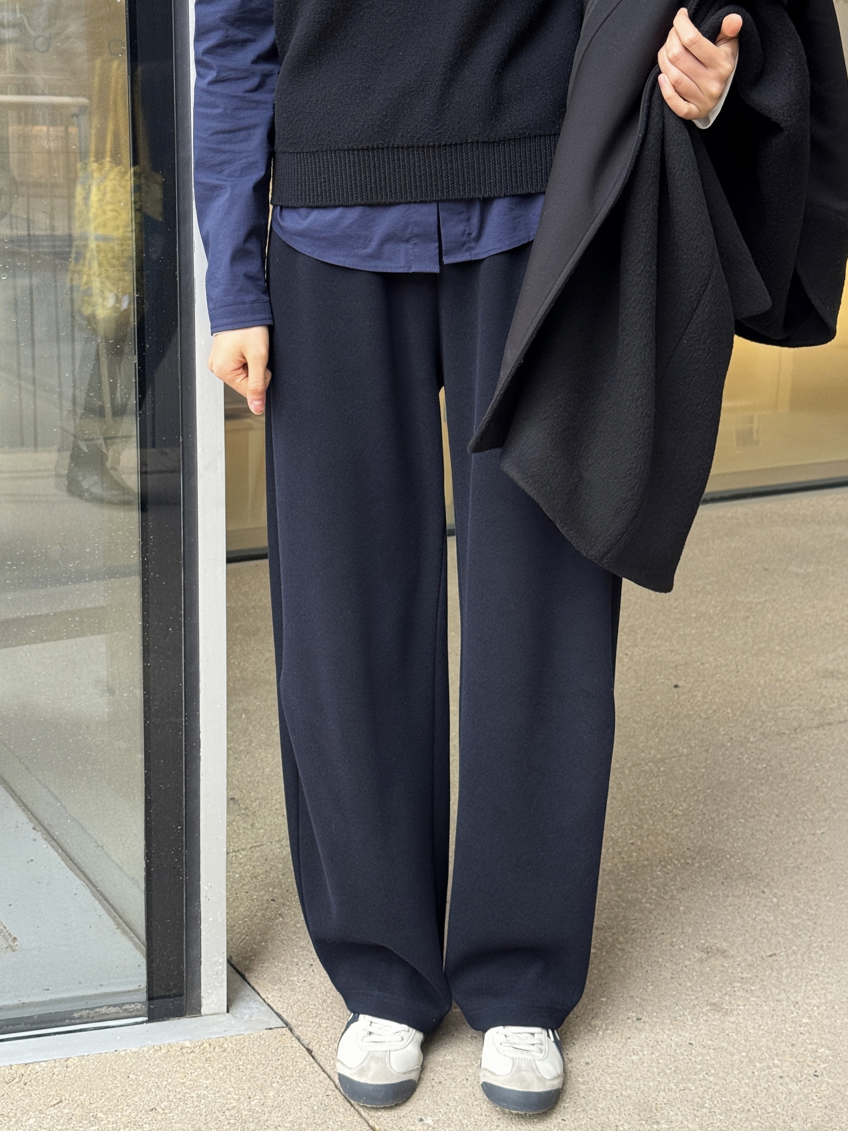 LANGQING 宽松垂感直筒糯米裤女藏青色休闲阔腿裤43273/43334#