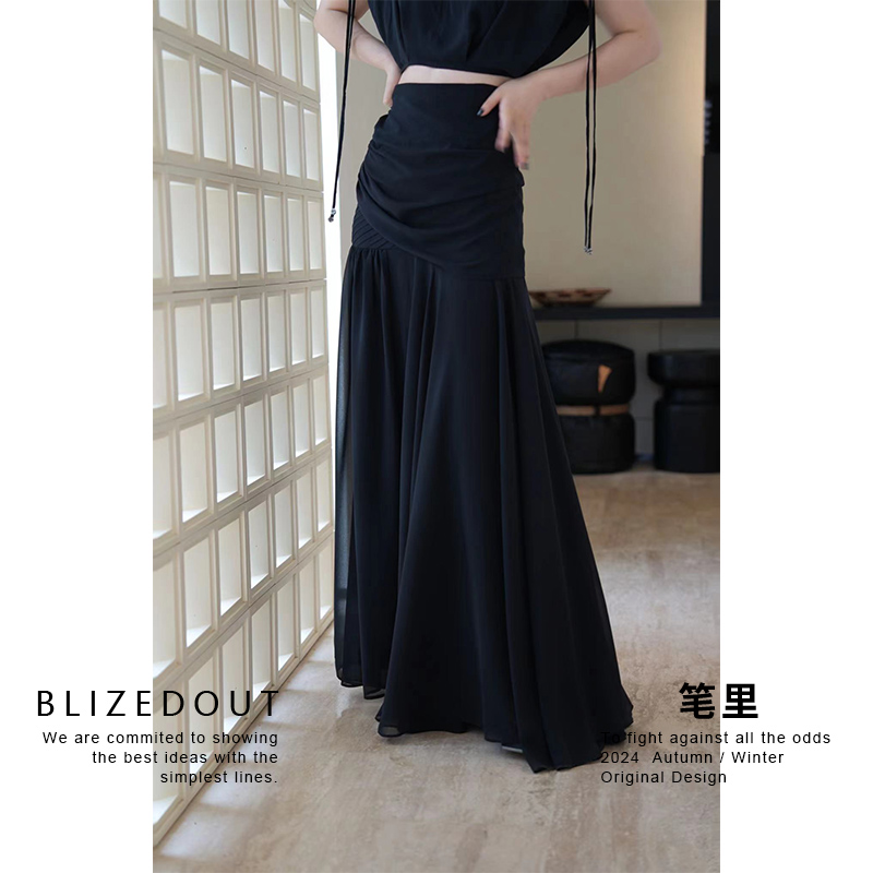 笔里【BLIZEDOUT】独立设计黑色不规则堆叠褶皱垂感半身裙4032707