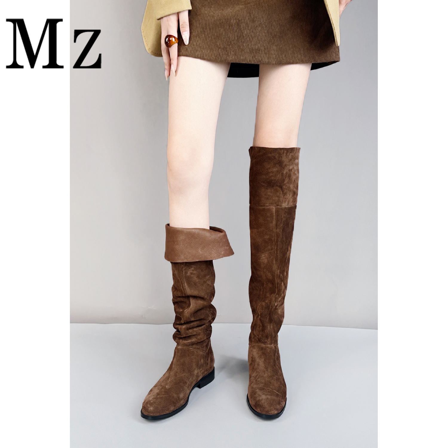 Mr.Zheng/2.5cm/复古圆头高筒两穿时装靴秋冬新款过膝堆堆靴女鞋