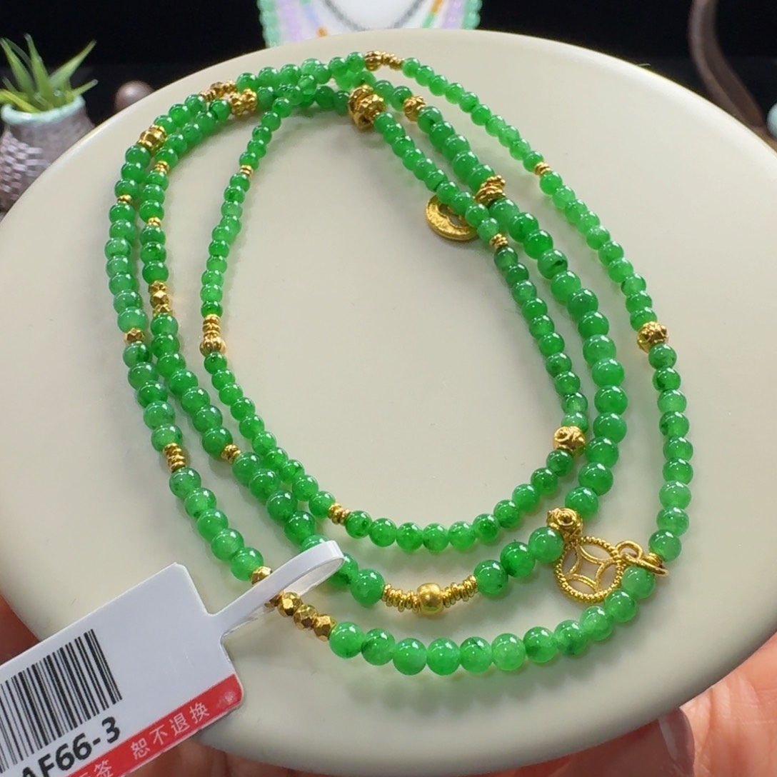 足金镶嵌手链翡翠冰胶阳绿小米珠(足金3.5克)