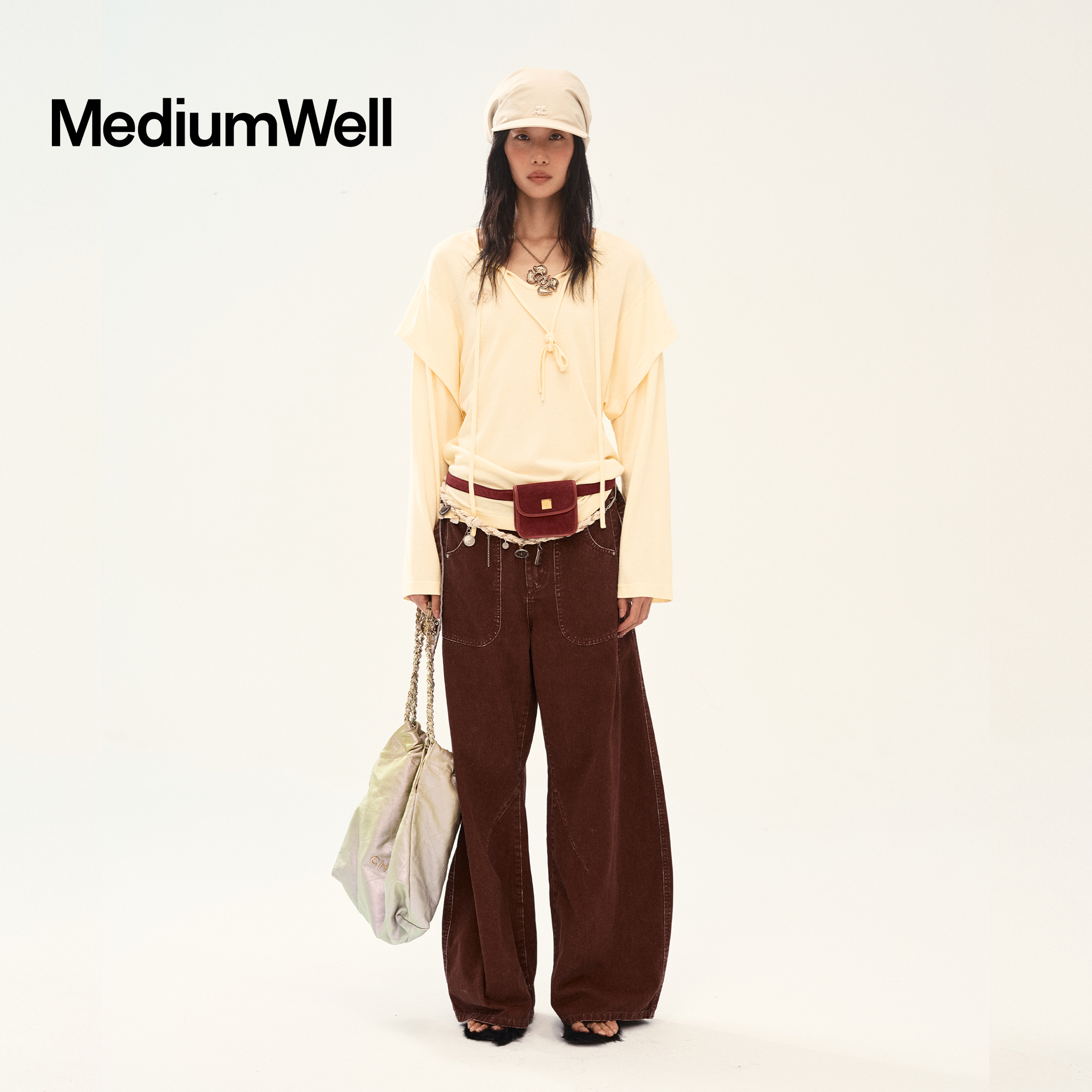 MEDIUM WELL_羊毛桑蚕丝系带长袖_Wool Silk Blend Top