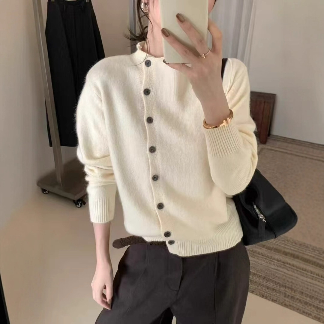 韩版半高领侧系扣针织开衫2025秋季新款女设计感洋气毛衣外套