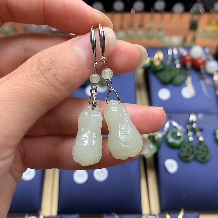 和田玉银S925镶嵌耳饰白菜21.7左右冰晴水