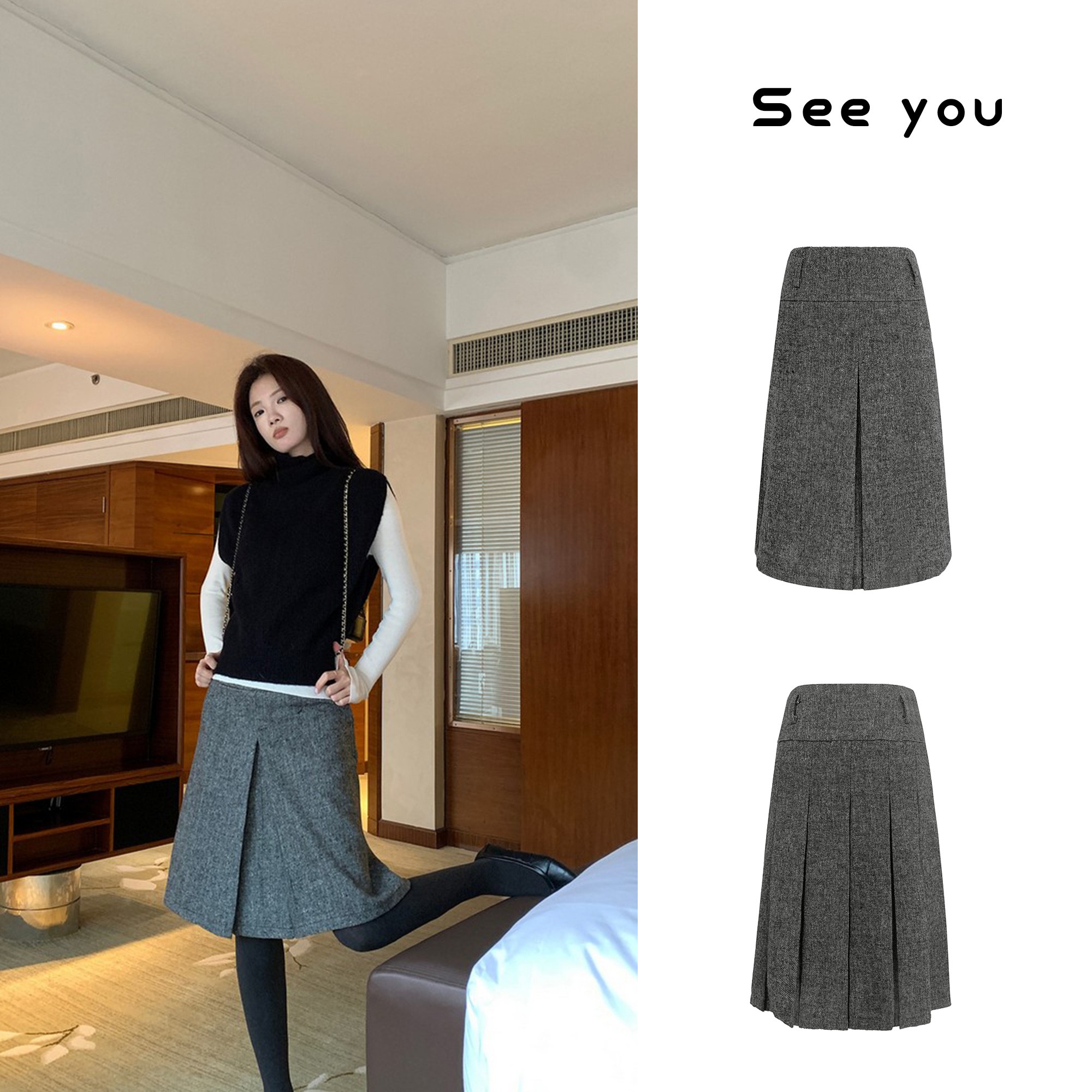 前后两穿 格雷系灰色羊毛毛呢半身裙女开叉百褶A字裙B2203