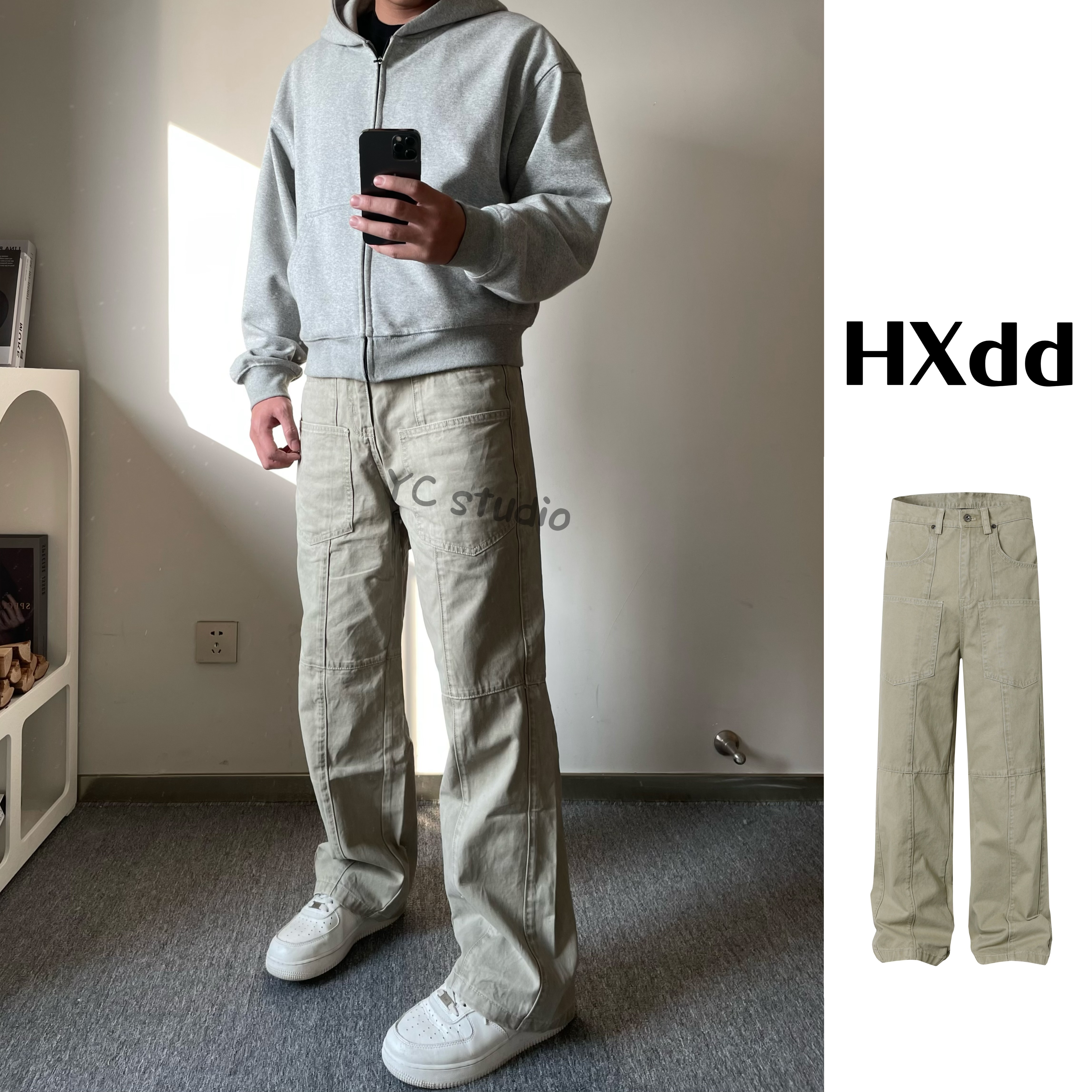 黑熊美式复古水洗做旧大口袋工装裤硬挺直筒宽松百搭简约牛仔7125