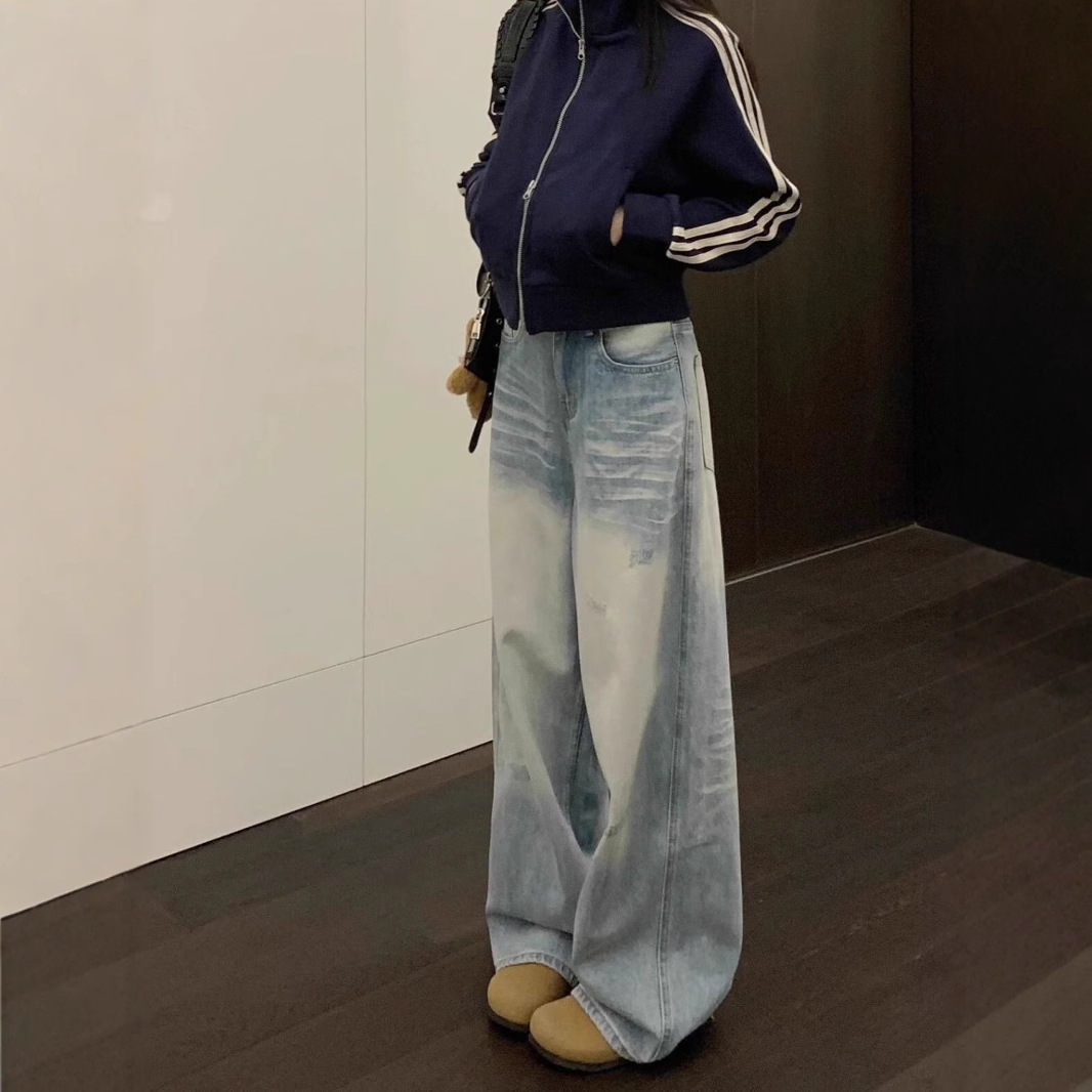 2025春秋季水洗抓纹直筒宽松牛仔裤女高腰显瘦美式复古高街阔腿裤